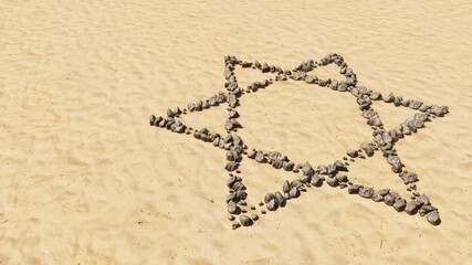 Concept conceptual stones on beach sand handmade symbol shape, golden sandy background, religious hebrew David star. 3d illustration metaphor for Judaism, Israel, religion, spirituality, prayer belief