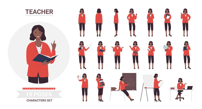 African american black teacher woman poses vector illustration set. Cartoon smiling female school teacher character posing work pupils students, teaching postures lecture lesson collection isolated