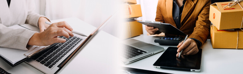 Young woman small business owner online shopping at home. taking note of orders from customers with mobile phones. SME entrepreneur or freelance life style concept.
