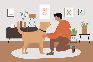 Man pet owner with playful dog friend vector illustration. Cartoon smiling guy character playing with doggy in cozy home living room interior, happy friendship with puppy domestic animal background