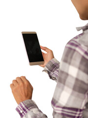 Farmer holding mobile or smartphone with free space mockup Touch screen isolated on wite background. technology internet for business concept.