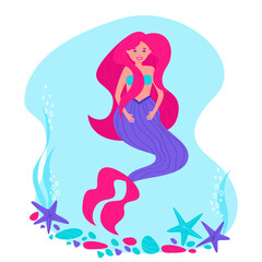 Colorful mermaid in flat style. The hero of fairy tales for the design of children's products. Neon bright colors. Flat vector illustration.