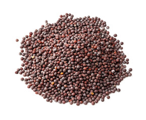 pile of black mustard seeds closeup on white