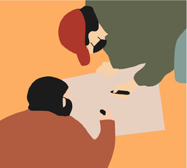 Two people with face mask write text on a brown cardboard sign multiple messages. Demonstration, protestors or activists. discrimination.