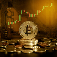 Cryptocurrency bitcoin on gold money coin with trading graph