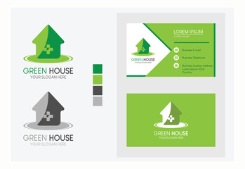 Business card with logo green color of house vector illustration.