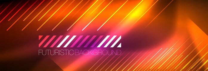 Neon glowing lines, magic energy and light motion background. Vector wallpaper template