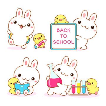 Back To School. Set Of Kawaii Bunny And Duckling