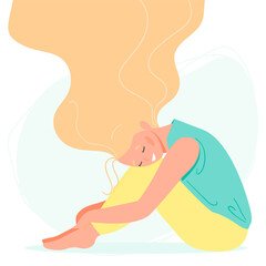 Happy woman with streaming hair sits on the floor. Body positive and health care concept. Vector illustration in flat cartoon style