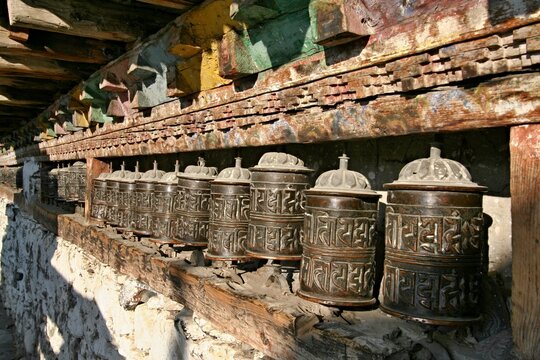 Buddhist Prayer Mills. Manang village. Nepal.Asia.