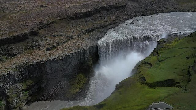 Scenic View Of Majestic Dettifoss Waterfall In North Iceland - aerial orbit