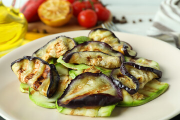 Concept of tasty eating with grilled vegetables, close up