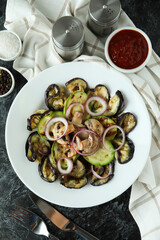 Concept of tasty eating with grilled vegetables, top view