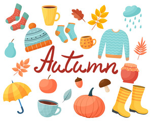Set of autumn items in cartoon style. Isolated on a white background. Collection of elements for autumn
