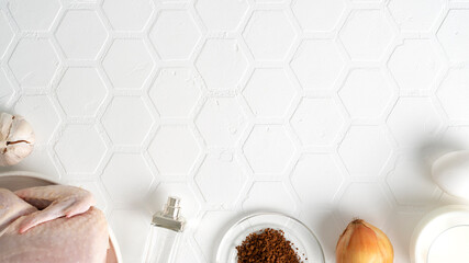 Long-term effects covid-19 concept. Foods that smell bad in parosmia. Parosmia - distored sense of smell. Top view. Copy Space.