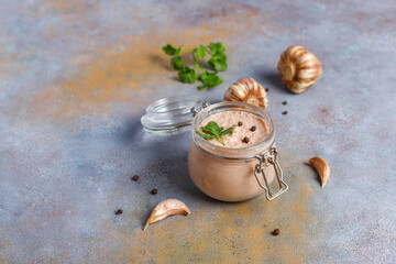 Fresh homemade chicken (duck,goose,rabbit,turkey) liver pate on whole grain bread with seeds.