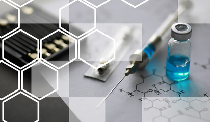 small jars with injection and syringe for injection on a blue background near the chemical formula