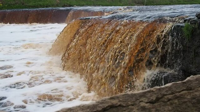 Waterfall is natural powerful. Landscape of the Sablinsky waterfalls in the Leningrad region.