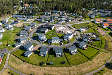 Aerial view of modern nordic family homes. New residential area in Finland.