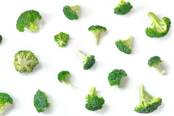 Broccoli flat lay composition on a white background