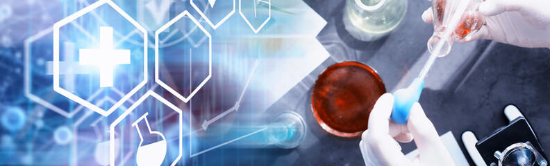 Laboratory research. Drug testing. Chemical experiments in the laboratory. Microscope various test tubes and beakers on the table at the medical officer.