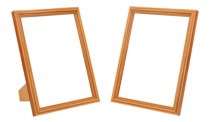 Set of two vertical standing empty brown wooden photo frames with thin border isolated on white background