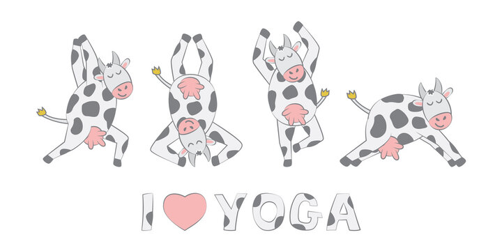 Yoga Cute illustration with cow for banner and poster