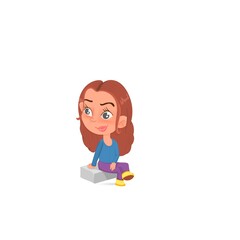 Cute little girl sitting, cartoon character.