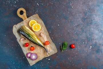 Slices of smoked fish mackerel or scomber.