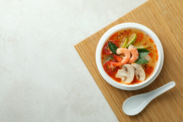 Tasty Tom yum soup on bamboo mat