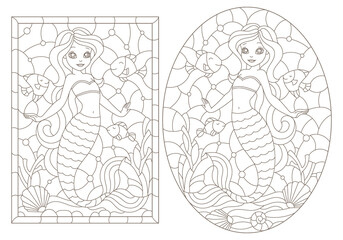 Set of contour illustrations of stained glass Windows with mermaids, dark contours on a white background
