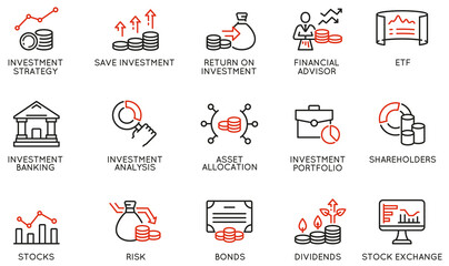 Vector Set of Linear Icons Related to investment strategy, trade service, finance management. Mono Line Pictograms and Infographics Design Elements