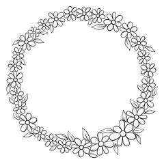 Vector hand drawn frame, border from black outline small flowers in doodle style. Cute simple primitive background, decoration for invitation, greeting card, wedding