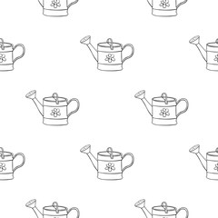 Seamless pattern with watering cans. Hand drawn outline vector background and texture in doodle style, isolated. Gardening tools for working in the garden, on the farm, in the dacha, country site