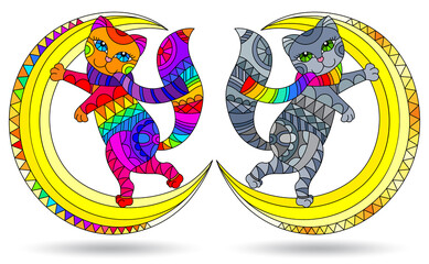 A set of illustrations in the style of a stained glass window with cats on the moon, animals isolated on a white background
