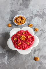 Beetroot salad with wallnuts and mayonnaise,garlic.