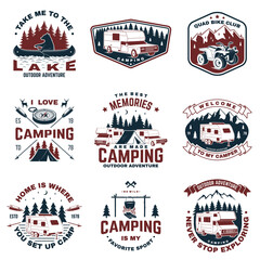 Set of camping badges. Vector. Concept for shirt or logo, print, stamp or tee. Vintage typography design with quad bike, tent, mountain, camper trailer and forest silhouette. © sivvector