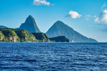 Sailing to the Pitons in the Caribbean Sea at Soufriere, St. Lucia, Lesser Antilles - obrazy, fototapety, plakaty