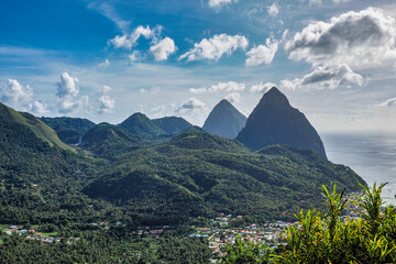 View of the Pitons in the Caribbean Sea at Soufriere, St. Lucia, Lesser Antilles