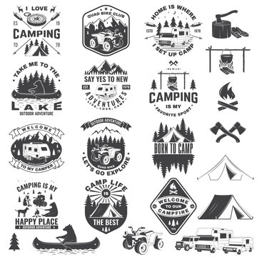 Set of camping badges with design element. Vector. Concept for shirt or logo, print, stamp or tee.