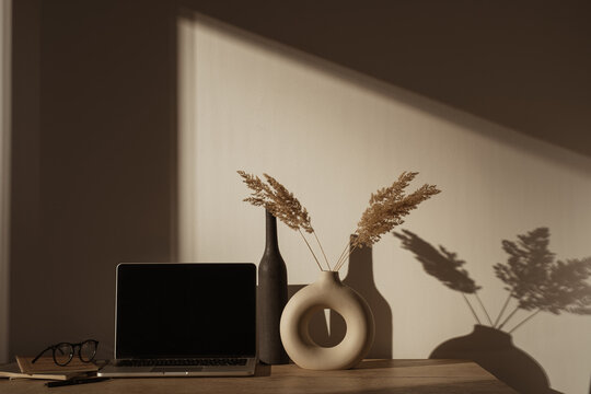 Laptop computer with blank screen on table with pampas grass bouquet in sunlight shadows on the wall. Aesthetic boho office workspace interior design. Sunlight shade reflections