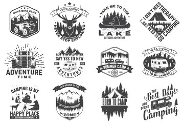 Fototapeta premium Set of camping badges. Vector. Concept for shirt or logo, print, stamp or tee. Vintage typography design with quad bike, tent, mountain, camper trailer and forest silhouette.