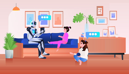 children discussing with home robot artificial intelligence technology concept living room interior