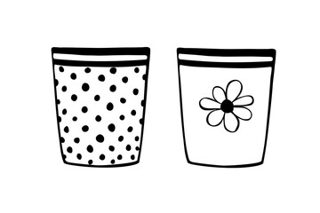 Empty flower pots for indoor plants and flowers. Hand drawn simple black outline vector illustration in doodle style, isolated. Design element, clip art for decoration, coloring page