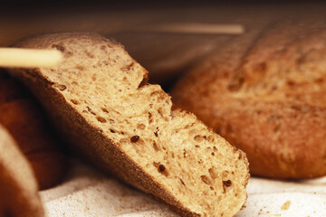 Macro shot of freshly baked bread loaf