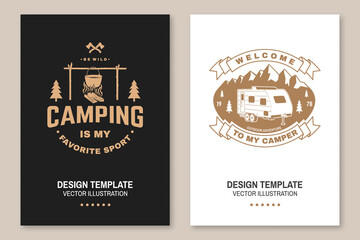 Set of camping template. Vector. Flyer, brochure, banner, poster design with campfire, mountain, camper trailer and forest silhouette.