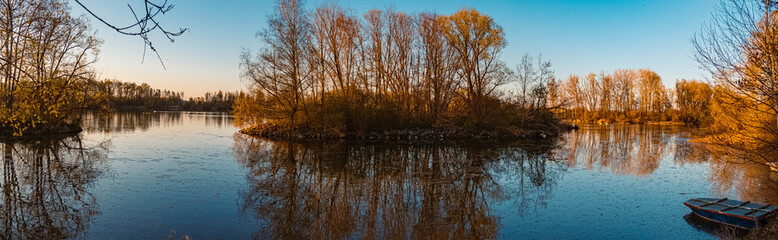 High resolution stitched panorama of a beautiful spring view with reflections near Mamming,...