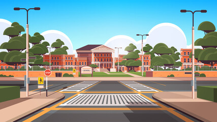 school building empty front yard with green trees road crosswalk summer cityscape background