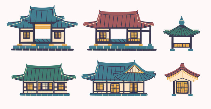Hanok asian building isolated vector set. Traditional Korean architecture design elements. Ancient historical house collection.