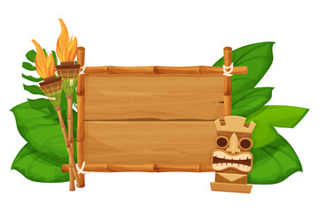 Tiki tribal hawaiian mask, statuette with human face on bamboo wooden frame with torch in cartoon style decorated exotic, palm leaves isolated on white background. God from ancient of Hawaii.  - obrazy, fototapety, plakaty